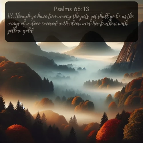 citation biblique : 13. Though ye have lien among the pots, yet shall ye be as the wings of a dove covered with silver, and her feathers with yellow gold.
 sur fond image nature