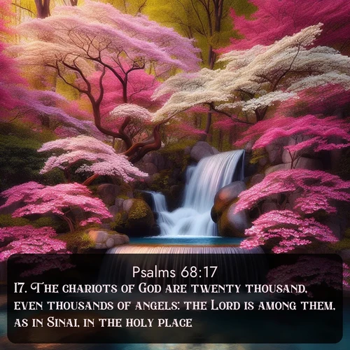 citation biblique : 17. The chariots of God are twenty thousand, even thousands of angels: the Lord is among them, as in Sinai, in the holy place.
 sur fond image nature