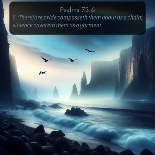 citation biblique : 6. Therefore pride compasseth them about as a chain; violence covereth them as a garment.
 sur fond image nature