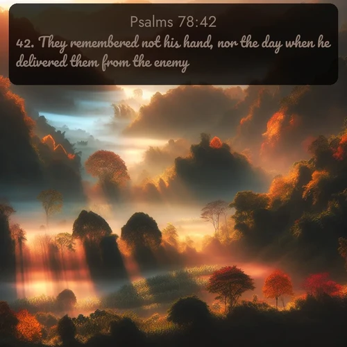 citation biblique : 42. They remembered not his hand, nor the day when he delivered them from the enemy.
 sur fond image nature