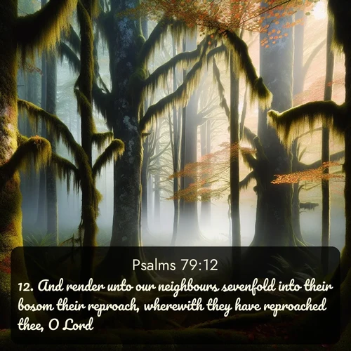 citation biblique : 12. And render unto our neighbours sevenfold into their bosom their reproach, wherewith they have reproached thee, O Lord.
 sur fond image nature