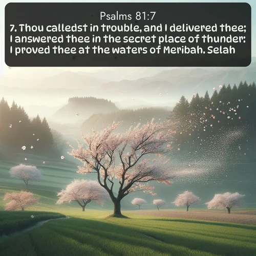 citation biblique : 7. Thou calledst in trouble, and I delivered thee; I answered thee in the secret place of thunder: I proved thee at the waters of Meribah. Selah.
 sur fond image nature