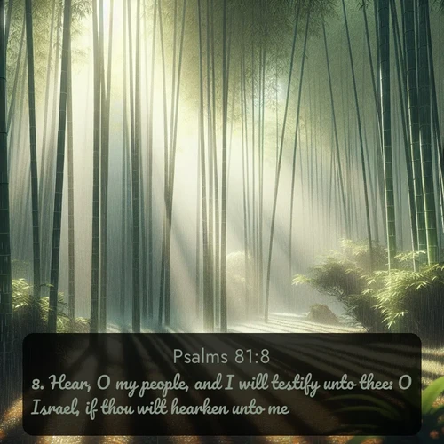 KJV Psalms  ; image nature: image with the bible verse :Hear, O my people, and I will testify unto thee: O Israel, if thou wilt hearken unto me; ; Browse our collection of vibrant Bible verse images set against calming backdrops like tropical shores, quiet woods, and majestic mountains. Download free wallpapers featuring KJV Psalms 81:8. Current verse is overlayed with the thematic nature scene : Bamboo forests cast striped shadows while a gentle rain patters on broad leaves. ; 81:8