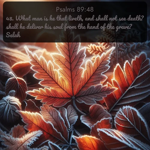 citation biblique : 48. What man is he that liveth, and shall not see death? shall he deliver his soul from the hand of the grave? Selah.
 sur fond image nature