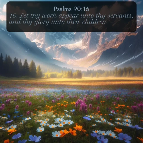 KJV Psalms  ; image nature: image with the bible verse :Let thy work appear unto thy servants, and thy glory unto their children. ; Explore a gallery of beautiful Bible verse images with tranquil natural settings—perfect for phone backgrounds or inspirational posts. Download your favorite verses like KJV Psalms 90:16 today. Current verse is overlayed with the thematic nature scene : Spring wildflowers carpet an alpine meadow beneath snow-capped peaks. ; 90:16
