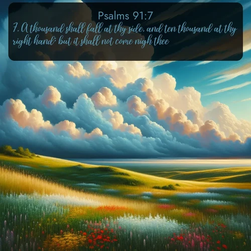 citation biblique : 7. A thousand shall fall at thy side, and ten thousand at thy right hand; but it shall not come nigh thee.
 sur fond image nature