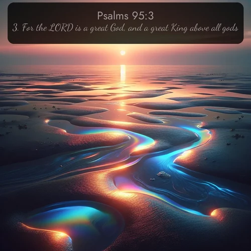 KJV Psalms  ; image nature: image with the bible verse :For the LORD is a great God, and a great King above all gods. ; Download high-resolution Bible verse images showcasing the beauty of God&#039;s creation—from radiant sunsets to tranquil rivers. Free for use as wallpapers or sharing verses like KJV Psalms 95:3. Current verse is overlayed with the thematic nature scene : Tidal pools reflect sunset colors at low tide. ; 95:3