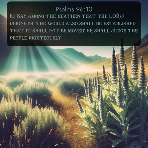 KJV Psalms 96:10 overlaying nature image scene: Summer heat brings out the scent of sage in mountain meadows.;10. Say among the heathen that the LORD reigneth: the world also shall be established that it shall not be moved: he shall judge the people righteously.