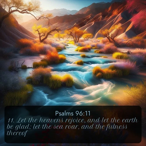KJV Psalms 96:11 overlaying nature image scene: Spring floods transform desert arroyos into rushing streams.;11. Let the heavens rejoice, and let the earth be glad; let the sea roar, and the fulness thereof.
