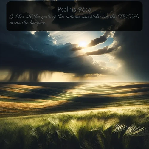KJV Psalms 96:5 overlaying nature image scene: Summer storms approach across vast prairie skies.;5. For all the gods of the nations are idols: but the LORD made the heavens.