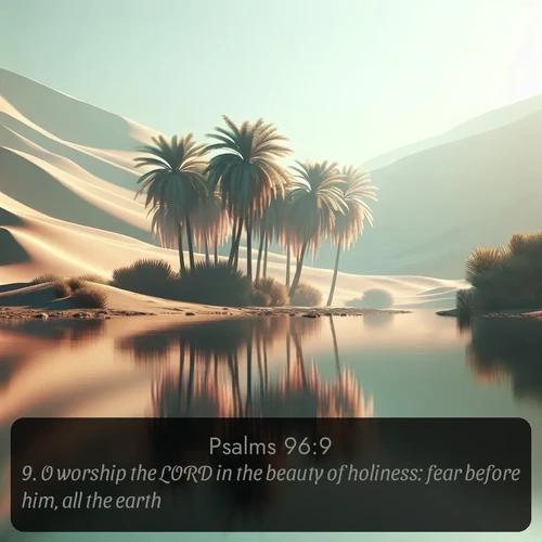 KJV Psalms 96:9 overlaying nature image scene: A desert oasis shimmers in the midday heat, palm fronds rustling above still waters.;9. O worship the LORD in the beauty of holiness: fear before him, all the earth.