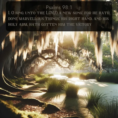 citation biblique : 1. O sing unto the LORD a new song; for he hath done marvellous things: his right hand, and his holy arm, hath gotten him the victory.
 sur fond image nature