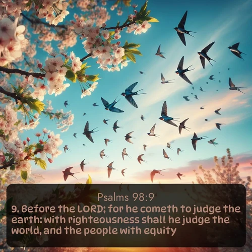 citation biblique : 9. Before the LORD; for he cometh to judge the earth: with righteousness shall he judge the world, and the people with equity.
 sur fond image nature