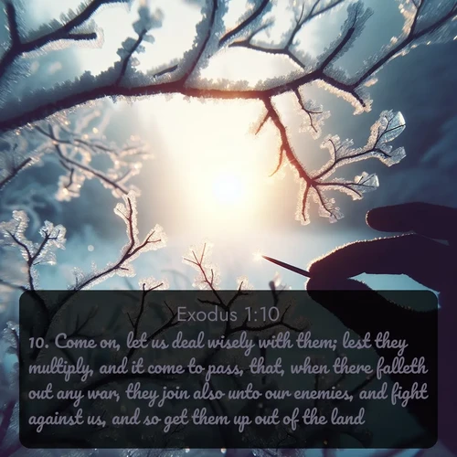 citation biblique : 10. Come on, let us deal wisely with them; lest they multiply, and it come to pass, that, when there falleth out any war, they join also unto our enemies, and fight against us, and so get them up out of the land.
 sur fond image nature