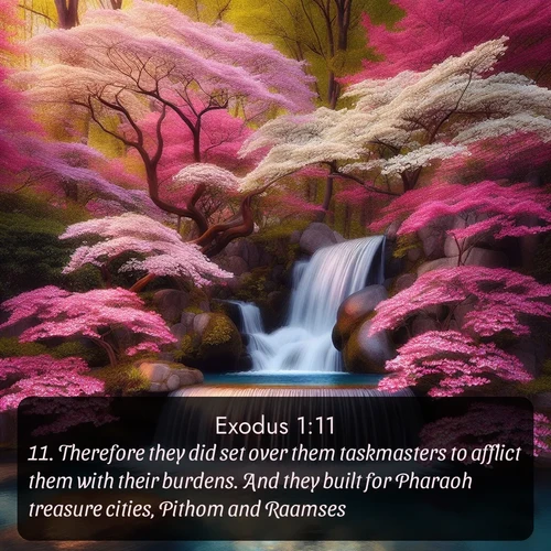 citation biblique : 11. Therefore they did set over them taskmasters to afflict them with their burdens. And they built for Pharaoh treasure cities, Pithom and Raamses.
 sur fond image nature