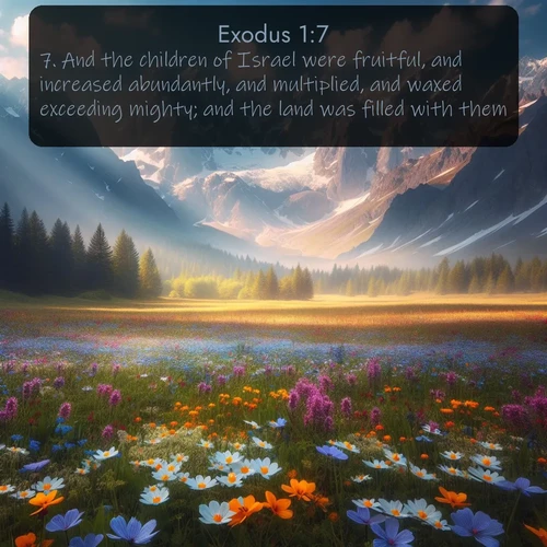 citation biblique : 7. And the children of Israel were fruitful, and increased abundantly, and multiplied, and waxed exceeding mighty; and the land was filled with them.
 sur fond image nature