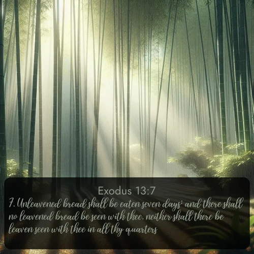 KJV Exodus  ; image nature: image with the bible verse :Unleavened bread shall be eaten seven days; and there shall no leavened bread be seen with thee, neither shall there be leaven seen with thee in all thy quarters. ; Explore winter-themed Bible verse images illustrated by snowy mountains, frost-covered branches, and clear skies. These landscapes reflect divine purity and peace. Download verses like KJV Exodus 13:7. Current verse is overlayed with the thematic nature scene : Bamboo forests cast striped shadows while a gentle rain patters on broad leaves. ; 13:7