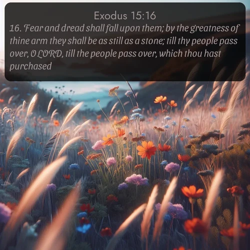 citation biblique : 16. Fear and dread shall fall upon them; by the greatness of thine arm they shall be as still as a stone; till thy people pass over, O LORD, till the people pass over, which thou hast purchased.
 sur fond image nature