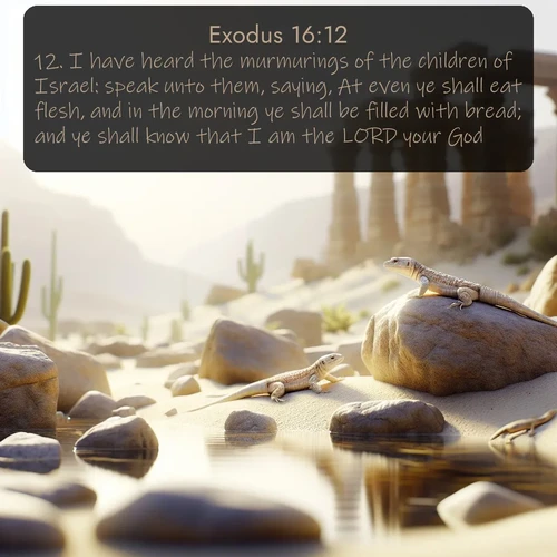 KJV Exodus 16:12 overlaying nature image scene: Desert lizards bask on sun-warmed rocks near ancient ruins.;12. I have heard the murmurings of the children of Israel: speak unto them, saying, At even ye shall eat flesh, and in the morning ye shall be filled with bread; and ye shall know that I am the LORD your God.