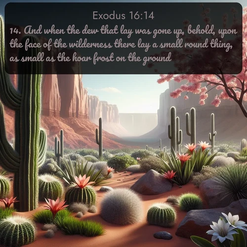 citation biblique : 14. And when the dew that lay was gone up, behold, upon the face of the wilderness there lay a small round thing, as small as the hoar frost on the ground.
 sur fond image nature