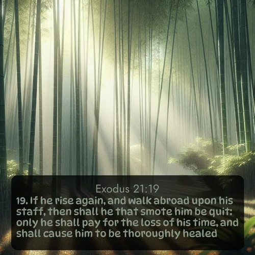 citation biblique : 19. If he rise again, and walk abroad upon his staff, then shall he that smote him be quit: only he shall pay for the loss of his time, and shall cause him to be thoroughly healed.
 sur fond image nature