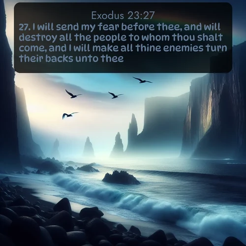 KJV Exodus  ; image nature: image with the bible verse :I will send my fear before thee, and will destroy all the people to whom thou shalt come, and I will make all thine enemies turn their backs unto thee. ; Explore a collection of inspiring Bible verse images accompanied by winter photos, such as snowy landscapes, frosted trees, and frozen lakes. These images reflect the peace and purity of God&#039;s creation, with elegant fonts and luminous colors. Download and share verses like KJV Exodus 23:27. Current verse is overlayed with the thematic nature scene : Ocean waves crash against volcanic cliffs as seabirds wheel overhead, creating momentary rainbows. ; 23:27