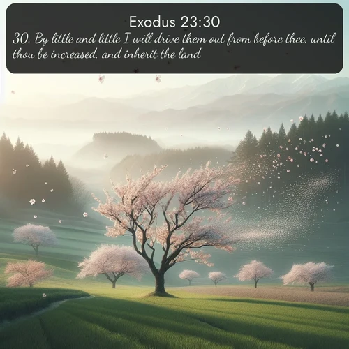 KJV Exodus  ; image nature: image with the bible verse :By little and little I will drive them out from before thee, until thou be increased, and inherit the land. ; Browse our library of beautiful Bible verse images, perfect for wallpapers or sharing. Each verse is paired with serene natural landscapes like misty mountains, calming beaches, and colorful sunsets. Download and enjoy verses such as KJV Exodus 23:30. Current verse is overlayed with the thematic nature scene : Spring winds scatter cherry blossoms like snow. ; 23:30