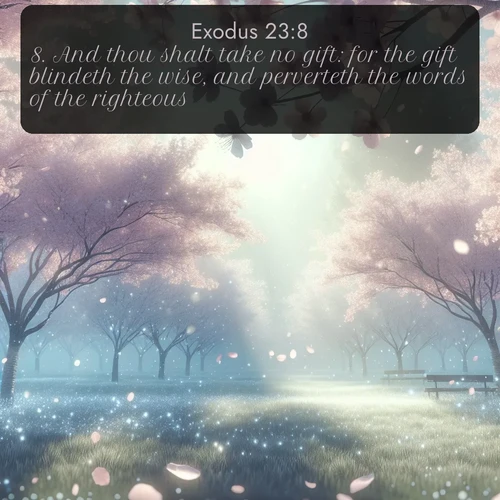 KJV Exodus  ; image nature: image with the bible verse :And thou shalt take no gift: for the gift blindeth the wise, and perverteth the words of the righteous. ; Discover Bible images illustrated by desert landscapes, like sand dunes, majestic rocks, and starry skies. These images symbolize the grandeur and immensity of God&#039;s creation. Download verses like KJV Exodus 23:8. Current verse is overlayed with the thematic nature scene : Spring rain falls on cherry trees in full bloom, petals drifting like snow. ; 23:8