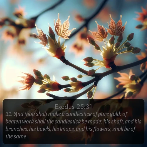 citation biblique : 31. And thou shalt make a candlestick of pure gold: of beaten work shall the candlestick be made: his shaft, and his branches, his bowls, his knops, and his flowers, shall be of the same.
 sur fond image nature