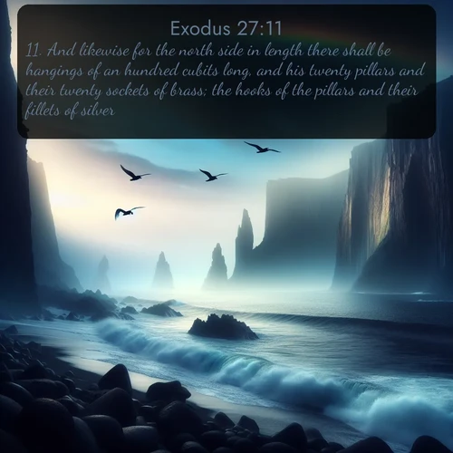 KJV Exodus 27:11 overlaying nature image scene: Ocean waves crash against volcanic cliffs as seabirds wheel overhead, creating momentary rainbows.;11. And likewise for the north side in length there shall be hangings of an hundred cubits long, and his twenty pillars and their twenty sockets of brass; the hooks of the pillars and their fillets of silver.