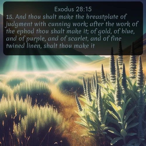citation biblique : 15. And thou shalt make the breastplate of judgment with cunning work; after the work of the ephod thou shalt make it; of gold, of blue, and of purple, and of scarlet, and of fine twined linen, shalt thou make it.
 sur fond image nature