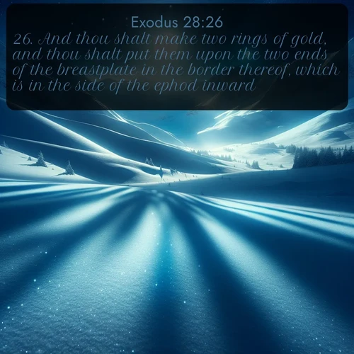 KJV Exodus  ; image nature: image with the bible verse :And thou shalt make two rings of gold, and thou shalt put them upon the two ends of the breastplate in the border thereof, which is in the side of the ephod inward. ; Explore Bible verse images highlighting the beauty of spring, with vibrant flowers, butterflies, and blossoming fruit trees. These scenes evoke divine hope and renewal. Download inspiring verses like KJV Exodus 28:26. Current verse is overlayed with the thematic nature scene : Moonlight illuminates the snowy mountain peaks, casting blue shadows across untouched powder. ; 28:26