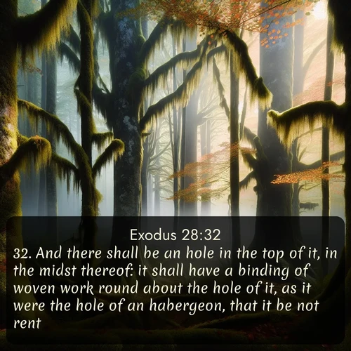 citation biblique : 32. And there shall be an hole in the top of it, in the midst thereof: it shall have a binding of woven work round about the hole of it, as it were the hole of an habergeon, that it be not rent.
 sur fond image nature