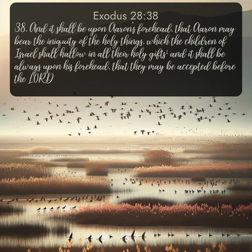 KJV Exodus  ; image nature: image with the bible verse :And it shall be upon Aaron&#039;s forehead, that Aaron may bear the iniquity of the holy things, which the children of Israel shall hallow in all their holy gifts; and it shall be always upon his forehead, that they may be accepted before the LORD. ; Browse a vast collection of Bible verse images featuring awe-inspiring landscapes such as calm lakes, vibrant sunsets, and peaceful fields. Download them for free and enjoy verses like KJV Exodus 28:38. Current verse is overlayed with the thematic nature scene : Spring migration fills marshlands with calling birds. ; 28:38