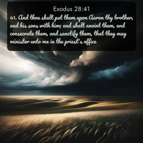 citation biblique : 41. And thou shalt put them upon Aaron thy brother, and his sons with him; and shalt anoint them, and consecrate them, and sanctify them, that they may minister unto me in the priest&#039;s office.
 sur fond image nature
