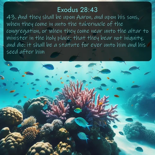 citation biblique : 43. And they shall be upon Aaron, and upon his sons, when they come in unto the tabernacle of the congregation, or when they come near unto the altar to minister in the holy place; that they bear not iniquity, and die: it shall be a statute for ever unto him and his seed after him.
 sur fond image nature