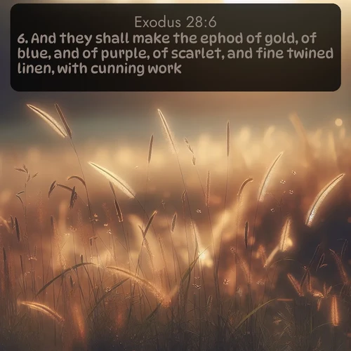 KJV Exodus  ; image nature: image with the bible verse :And they shall make the ephod of gold, of blue, and of purple, of scarlet, and fine twined linen, with cunning work. ; Download Bible verse images paired with breathtaking nature photos like golden deserts, shimmering seas, and blossoming orchards. These high-quality, free images are perfect for wallpapers or sharing. Verses include KJV Exodus 28:6. Current verse is overlayed with the thematic nature scene : Summer heat brings out cricket songs in meadow grass. ; 28:6
