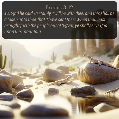 KJV Exodus  ; image nature: image with the bible verse :And he said, Certainly I will be with thee; and this shall be a token unto thee, that I have sent thee: When thou hast brought forth the people out of Egypt, ye shall serve God upon this mountain. ; Explore a gallery of beautiful Bible verse images with tranquil natural settings—perfect for phone backgrounds or inspirational posts. Download your favorite verses like KJV Exodus 3:12 today. Current verse is overlayed with the thematic nature scene : Desert lizards bask on sun-warmed rocks near ancient ruins. ; 3:12