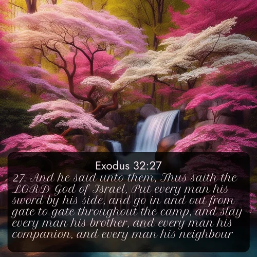 KJV Exodus  ; image nature: image with the bible verse :And he said unto them, Thus saith the LORD God of Israel, Put every man his sword by his side, and go in and out from gate to gate throughout the camp, and slay every man his brother, and every man his companion, and every man his neighbour. ; Dive into our collection of Bible verse images combined with sublime nature photos, such as graceful waterfalls, radiant sunsets, and endless meadows. These compositions highlight the peace and harmony of God&#039;s creation with vivid colors and carefully integrated text. Download and share verses like KJV Exodus 32:27. Current verse is overlayed with the thematic nature scene : A spring cascade plunges into a pool surrounded by flowering dogwood. ; 32:27