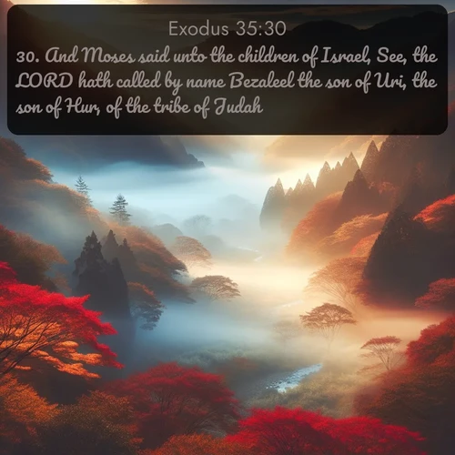 citation biblique : 30. And Moses said unto the children of Israel, See, the LORD hath called by name Bezaleel the son of Uri, the son of Hur, of the tribe of Judah;
 sur fond image nature