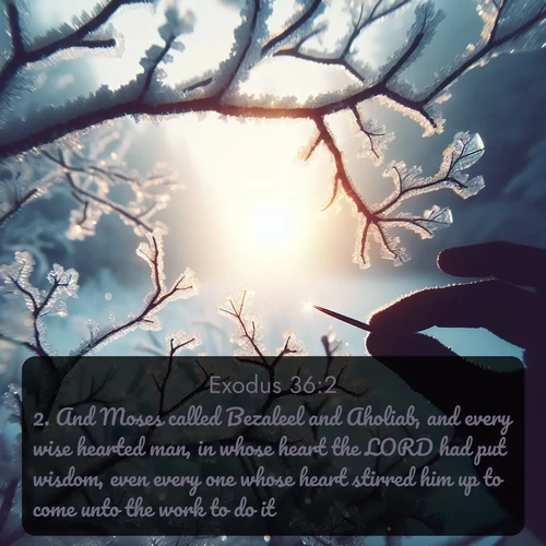 citation biblique : 2. And Moses called Bezaleel and Aholiab, and every wise hearted man, in whose heart the LORD had put wisdom, even every one whose heart stirred him up to come unto the work to do it:
 sur fond image nature