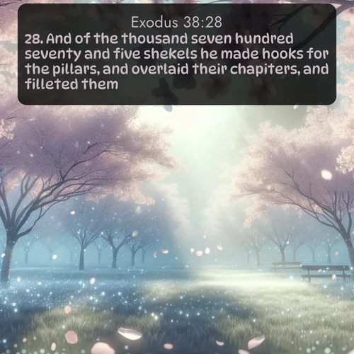 citation biblique : 28. And of the thousand seven hundred seventy and five shekels he made hooks for the pillars, and overlaid their chapiters, and filleted them.
 sur fond image nature