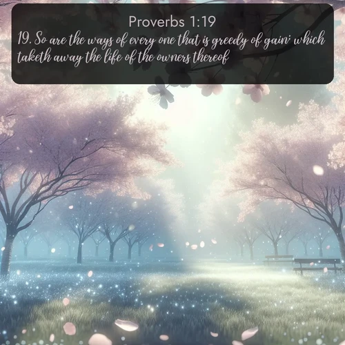 KJV Proverbs 1:19 overlaying nature image scene: Spring rain falls on cherry trees in full bloom, petals drifting like snow.;19. So are the ways of every one that is greedy of gain; which taketh away the life of the owners thereof.