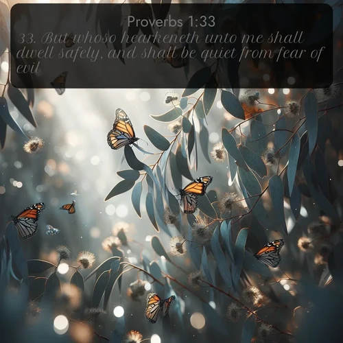 citation biblique : 33. But whoso hearkeneth unto me shall dwell safely, and shall be quiet from fear of evil.
 sur fond image nature