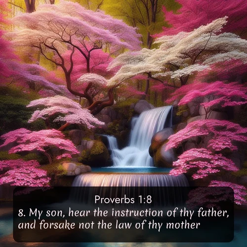 citation biblique : 8. My son, hear the instruction of thy father, and forsake not the law of thy mother:
 sur fond image nature