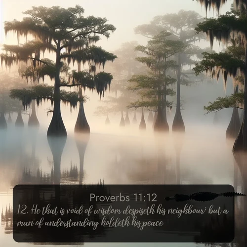 citation biblique : 12. He that is void of wisdom despiseth his neighbour: but a man of understanding holdeth his peace.
 sur fond image nature