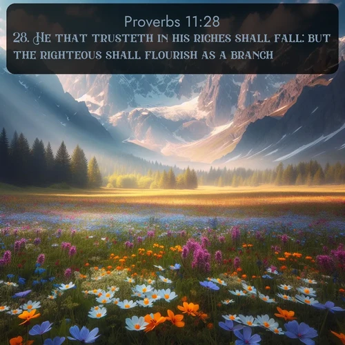 citation biblique : 28. He that trusteth in his riches shall fall: but the righteous shall flourish as a branch.
 sur fond image nature