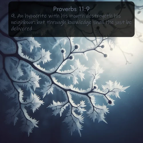 KJV Proverbs  ; image nature: image with the bible verse :An hypocrite with his mouth destroyeth his neighbour: but through knowledge shall the just be delivered. ; Dive into our collection of Bible verses paired with coastal scenes, featuring calming waves, infinite beaches, and reflections of the sun on the water. These images evoke the peace and beauty of God. Share verses like KJV Proverbs 11:9. Current verse is overlayed with the thematic nature scene : Winter frost coats bare branches in delicate crystal. ; 11:9