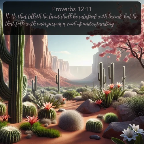 citation biblique : 11. He that tilleth his land shall be satisfied with bread: but he that followeth vain persons is void of understanding.
 sur fond image nature