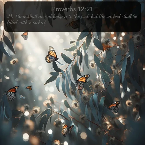 citation biblique : 21. There shall no evil happen to the just: but the wicked shall be filled with mischief.
 sur fond image nature